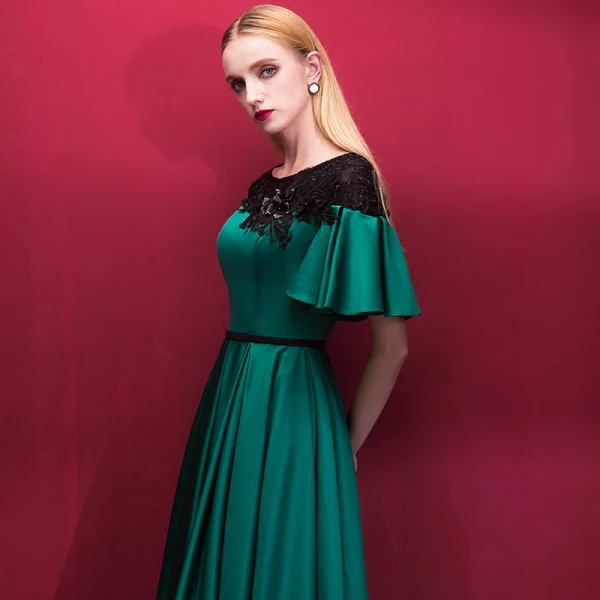 Chic / Beautiful Dark Green Homecoming Graduation Dresses 2018 A-Line / Princess Scoop Neck Short Sleeve Appliques Lace Sash Tea-length Ruffle Formal Dresses