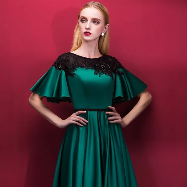 Chic / Beautiful Dark Green Homecoming Graduation Dresses 2018 A-Line / Princess Scoop Neck Short Sleeve Appliques Lace Sash Tea-length Ruffle Formal Dresses