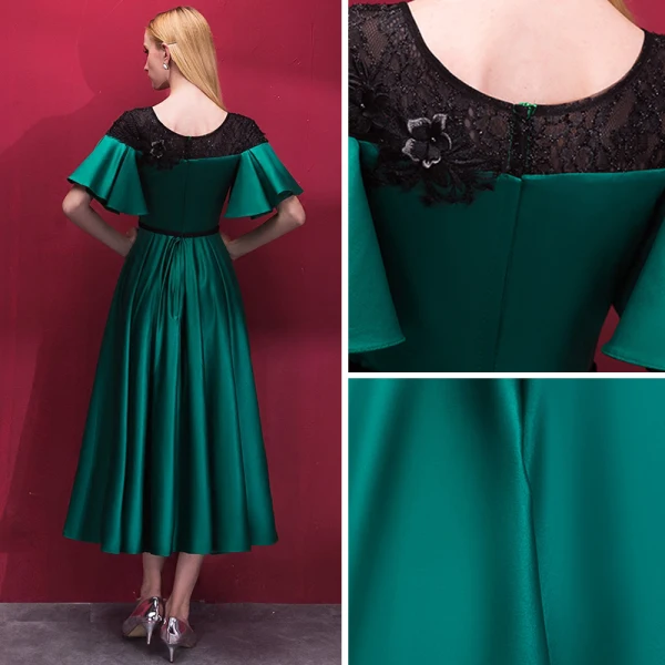 Chic / Beautiful Dark Green Homecoming Graduation Dresses 2018 A-Line / Princess Scoop Neck Short Sleeve Appliques Lace Sash Tea-length Ruffle Formal Dresses