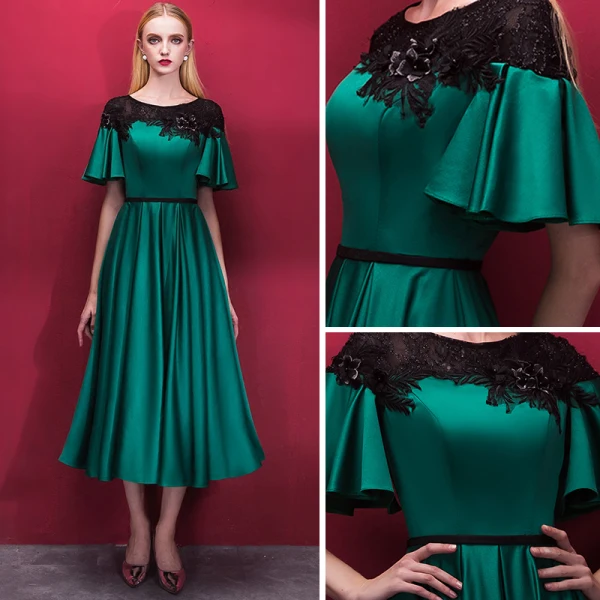 Chic / Beautiful Dark Green Homecoming Graduation Dresses 2018 A-Line / Princess Scoop Neck Short Sleeve Appliques Lace Sash Tea-length Ruffle Formal Dresses