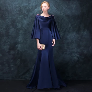 Modern Fashion Navy Blue Evening Dresses 2018 Trumpet Mermaid Square Neckline Long Sleeve Beading Sweep Train Ruffle Backless Formal Dresses