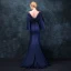 Moderne / Mode Bleu Marine Robe De Soirée 2018 Trompette / Sirène Encolure Carrée Manches Longues Perlage Train De Balayage Volants Dos Nu Robe De Ceremonie