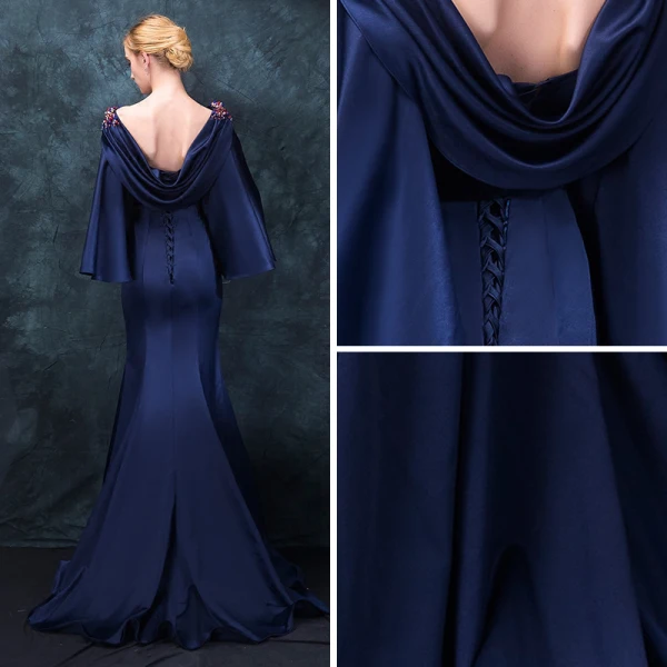 Moderne / Mode Bleu Marine Robe De Soirée 2018 Trompette / Sirène Encolure Carrée Manches Longues Perlage Train De Balayage Volants Dos Nu Robe De Ceremonie