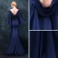 Moderne / Mode Bleu Marine Robe De Soirée 2018 Trompette / Sirène Encolure Carrée Manches Longues Perlage Train De Balayage Volants Dos Nu Robe De Ceremonie