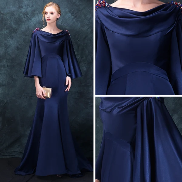 Moderne / Mode Bleu Marine Robe De Soirée 2018 Trompette / Sirène Encolure Carrée Manches Longues Perlage Train De Balayage Volants Dos Nu Robe De Ceremonie