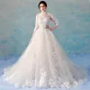 Chinese style Illusion Champagne Wedding Dresses 2018 A-Line / Princess High Neck 3/4 Sleeve Backless Beading Appliques Lace See-through Ruffle Cathedral Train