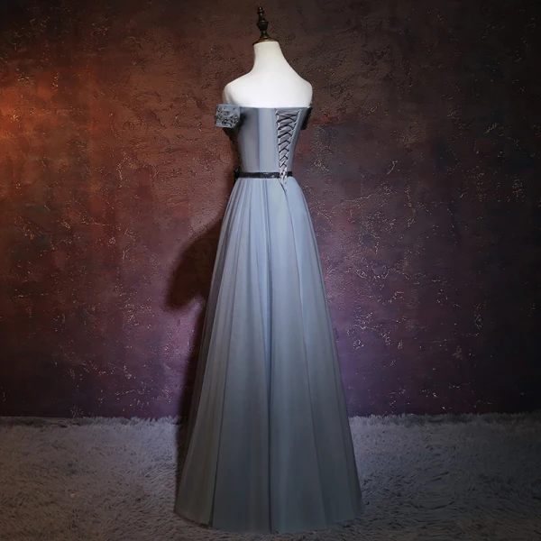 Chic / Beautiful Grey Evening Dresses 2018 A-Line / Princess Off-The-Shoulder Short Sleeve Sash Beading Floor-Length / Long Ruffle Backless Formal Dresses