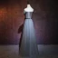 Chic / Beautiful Grey Evening Dresses  2018 A-Line / Princess Off-The-Shoulder Short Sleeve Sash Beading Floor-Length / Long Ruffle Backless Formal Dresses