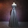 Chic / Beautiful Grey Evening Dresses  2018 A-Line / Princess Off-The-Shoulder Short Sleeve Sash Beading Floor-Length / Long Ruffle Backless Formal Dresses