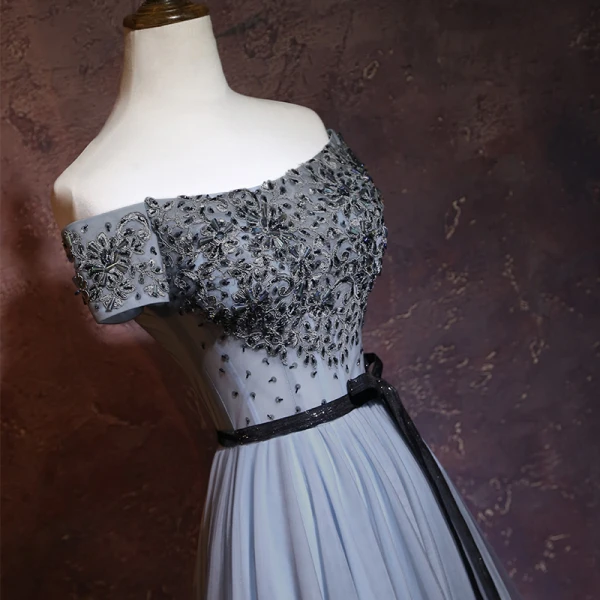 Chic / Beautiful Grey Evening Dresses 2018 A-Line / Princess Off-The-Shoulder Short Sleeve Sash Beading Floor-Length / Long Ruffle Backless Formal Dresses