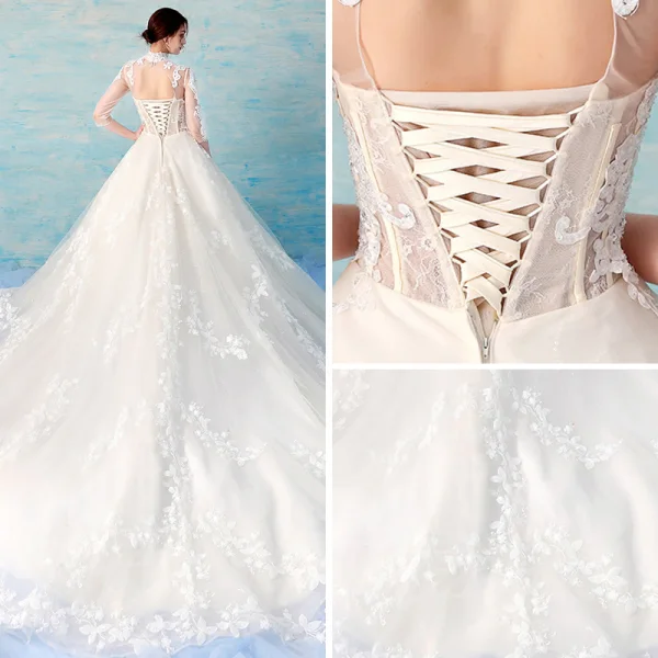Style Chinois Illusion Champagne Robe De Mariée 2018 Princesse Col Haut 3/4 Manches Dos Nu Perlage Appliques En Dentelle Transparentes Volants Cathedral Train
