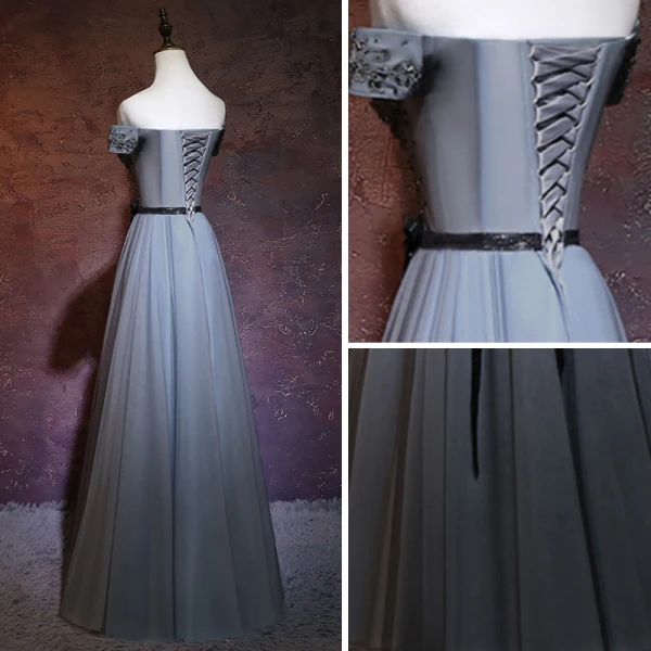 Chic / Beautiful Grey Evening Dresses 2018 A-Line / Princess Off-The-Shoulder Short Sleeve Sash Beading Floor-Length / Long Ruffle Backless Formal Dresses
