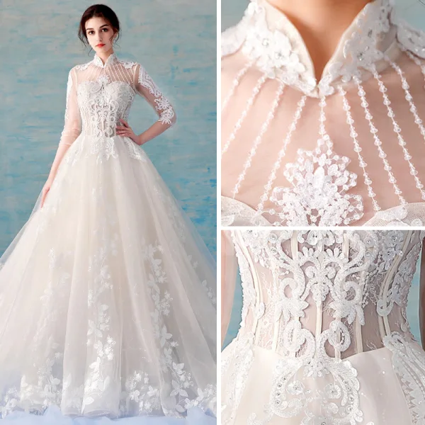 Style Chinois Illusion Champagne Robe De Mariée 2018 Princesse Col Haut 3/4 Manches Dos Nu Perlage Appliques En Dentelle Transparentes Volants Cathedral Train