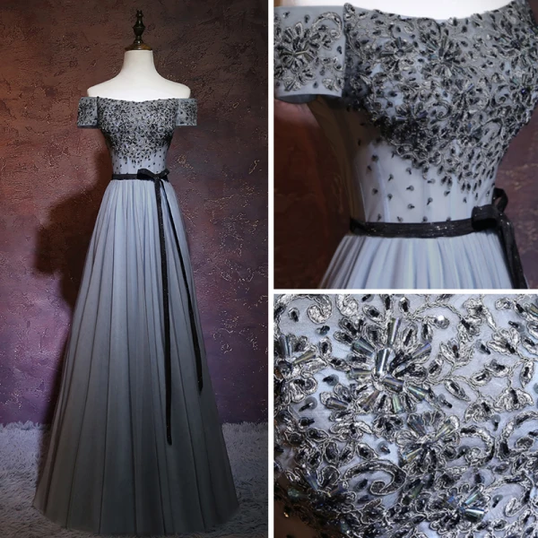 Chic / Beautiful Grey Evening Dresses 2018 A-Line / Princess Off-The-Shoulder Short Sleeve Sash Beading Floor-Length / Long Ruffle Backless Formal Dresses