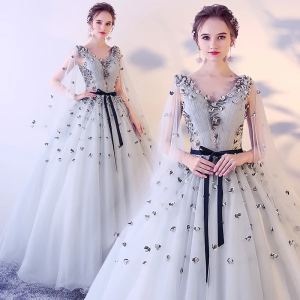 Chic / Beautiful Blushing Pink Prom Dresses 2017 Ball Gown V-Neck Sleeveless Appliques Flower Sash Floor-Length / Long Ruffle Backless Formal Dresses