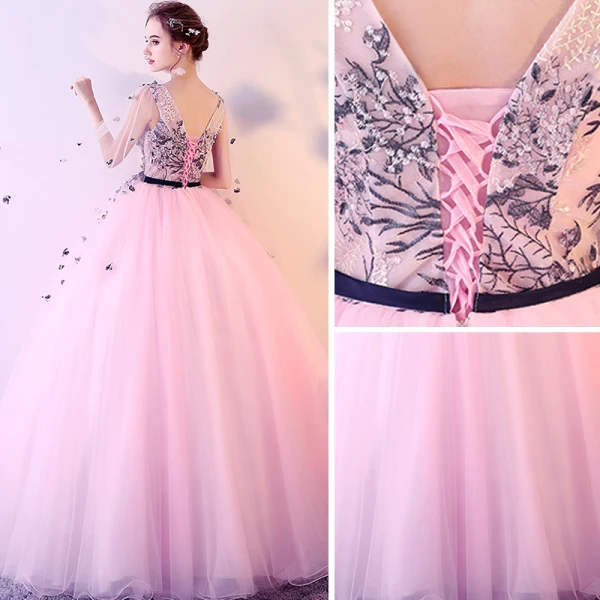 Chic / Beautiful Blushing Pink Prom Dresses 2017 Ball Gown V-Neck Sleeveless Appliques Flower Sash Floor-Length / Long Ruffle Backless Formal Dresses