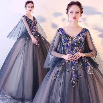 Chic Beautiful Navy Blue Prom Dresses 2017 Ball Gown V Neck Sleeveless Embroidered Sequins Floor Length Long Ruffle Backless Formal Dresses