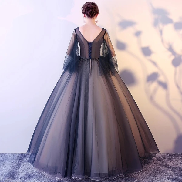 Chic / Beautiful Navy Blue Prom Dresses 2017 Ball Gown V-Neck Sleeveless Embroidered Sequins Floor-Length / Long Ruffle Backless Formal Dresses