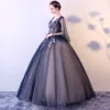 Chic / Beautiful Navy Blue Prom Dresses 2017 Ball Gown V-Neck Sleeveless Embroidered Sequins Floor-Length / Long Ruffle Backless Formal Dresses
