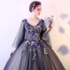 Chic / Beautiful Navy Blue Prom Dresses 2017 Ball Gown V-Neck Sleeveless Embroidered Sequins Floor-Length / Long Ruffle Backless Formal Dresses