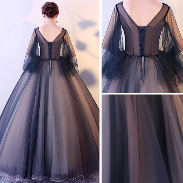 Chic / Beautiful Navy Blue Prom Dresses 2017 Ball Gown V-Neck Sleeveless Embroidered Sequins Floor-Length / Long Ruffle Backless Formal Dresses