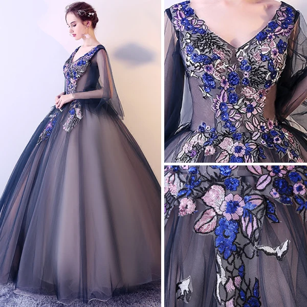 Chic / Beautiful Navy Blue Prom Dresses 2017 Ball Gown V-Neck Sleeveless Embroidered Sequins Floor-Length / Long Ruffle Backless Formal Dresses