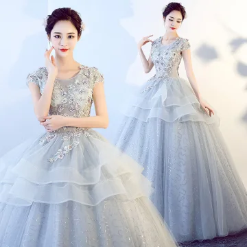 Chic Beautiful Silver Prom Dresses 2017 Ball Gown Scoop Neck Short Sleeve Appliques Lace Glitter Tulle Floor Length Long Ruffle Backless Formal Dresses