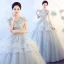 Chic / Beautiful Silver Prom Dresses 2017 Ball Gown Scoop Neck Short Sleeve Appliques Lace Glitter Tulle Floor-Length / Long Ruffle Backless Formal Dresses