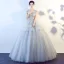 Chic / Beautiful Silver Prom Dresses 2017 Ball Gown Scoop Neck Short Sleeve Appliques Lace Glitter Tulle Floor-Length / Long Ruffle Backless Formal Dresses