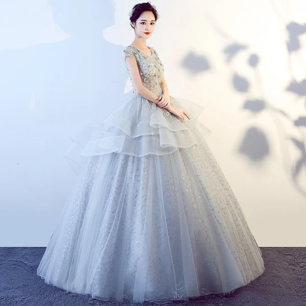 Chic / Beautiful Silver Prom Dresses 2017 Ball Gown Scoop Neck Short Sleeve Appliques Lace Glitter Tulle Floor-Length / Long Ruffle Backless Formal Dresses