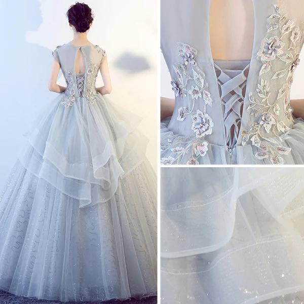 Chic / Beautiful Silver Prom Dresses 2017 Ball Gown Scoop Neck Short Sleeve Appliques Lace Glitter Tulle Floor-Length / Long Ruffle Backless Formal Dresses