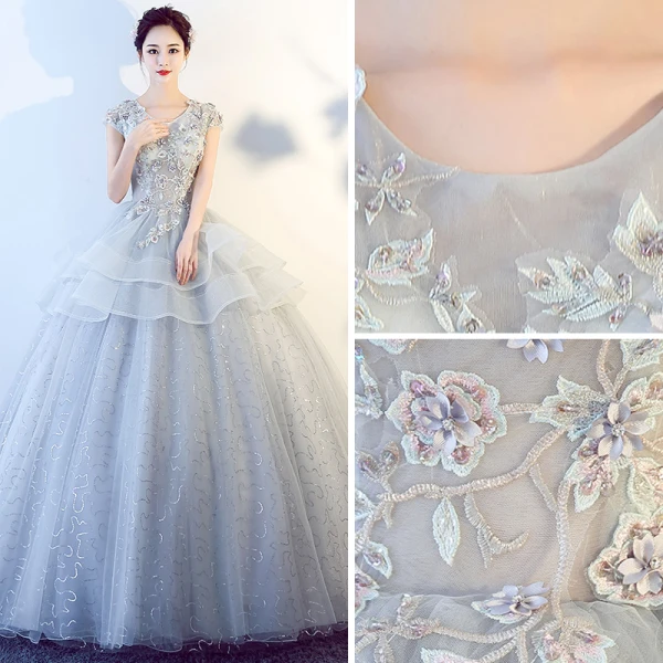 Chic / Beautiful Silver Prom Dresses 2017 Ball Gown Scoop Neck Short Sleeve Appliques Lace Glitter Tulle Floor-Length / Long Ruffle Backless Formal Dresses