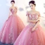 Chic / Beautiful Candy Pink Prom Dresses 2017 Ball Gown Off-The-Shoulder Short Sleeve Appliques Lace Floor-Length / Long Ruffle Backless Formal Dresses