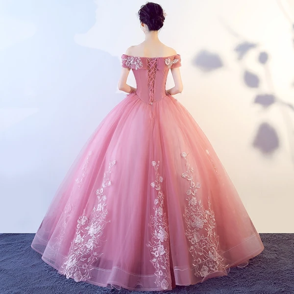 Chic / Beautiful Candy Pink Prom Dresses 2017 Ball Gown Off-The-Shoulder Short Sleeve Appliques Lace Floor-Length / Long Ruffle Backless Formal Dresses
