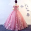 Chic / Beautiful Candy Pink Prom Dresses 2017 Ball Gown Off-The-Shoulder Short Sleeve Appliques Lace Floor-Length / Long Ruffle Backless Formal Dresses