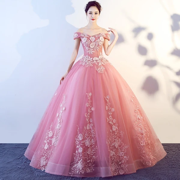 Chic / Beautiful Candy Pink Prom Dresses 2017 Ball Gown Off-The-Shoulder Short Sleeve Appliques Lace Floor-Length / Long Ruffle Backless Formal Dresses