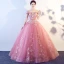 Chic / Beautiful Candy Pink Prom Dresses 2017 Ball Gown Off-The-Shoulder Short Sleeve Appliques Lace Floor-Length / Long Ruffle Backless Formal Dresses