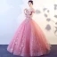 Chic / Beautiful Candy Pink Prom Dresses 2017 Ball Gown Off-The-Shoulder Short Sleeve Appliques Lace Floor-Length / Long Ruffle Backless Formal Dresses