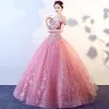 Chic / Beautiful Candy Pink Prom Dresses 2017 Ball Gown Off-The-Shoulder Short Sleeve Appliques Lace Floor-Length / Long Ruffle Backless Formal Dresses