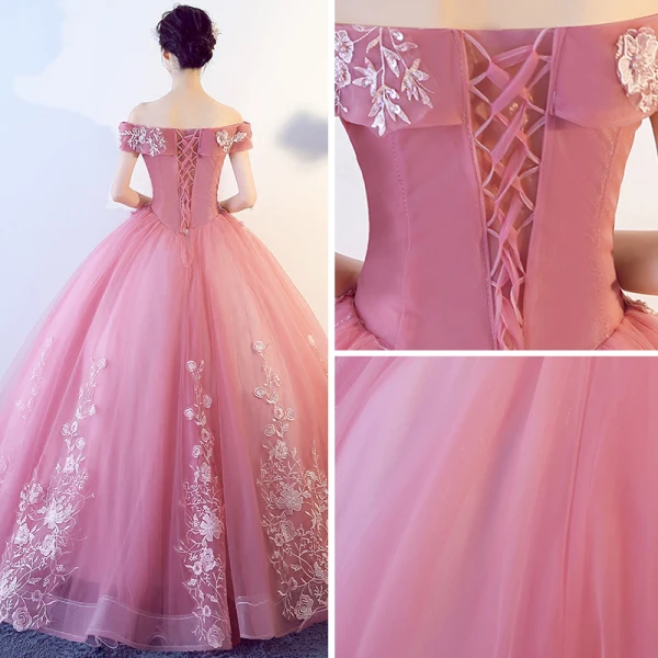 Chic / Beautiful Candy Pink Prom Dresses 2017 Ball Gown Off-The-Shoulder Short Sleeve Appliques Lace Floor-Length / Long Ruffle Backless Formal Dresses