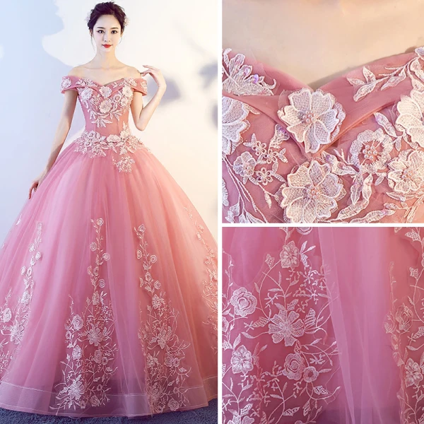 Chic / Beautiful Candy Pink Prom Dresses 2017 Ball Gown Off-The-Shoulder Short Sleeve Appliques Lace Floor-Length / Long Ruffle Backless Formal Dresses