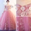 Chic / Beautiful Candy Pink Prom Dresses 2017 Ball Gown Off-The-Shoulder Short Sleeve Appliques Lace Floor-Length / Long Ruffle Backless Formal Dresses