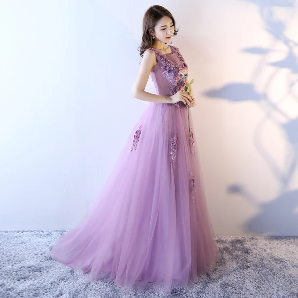 Chic / Beautiful Lilac Prom Dresses 2017 A-Line / Princess Scoop Neck Sleeveless Appliques Flower Sequins Beading Pearl Sweep Train Ruffle Backless Formal Dresses