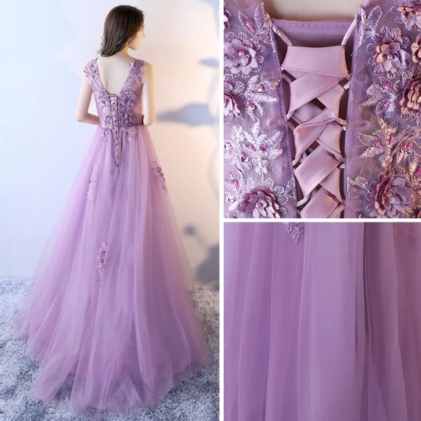 Chic / Beautiful Lilac Prom Dresses 2017 A-Line / Princess Scoop Neck Sleeveless Appliques Flower Sequins Beading Pearl Sweep Train Ruffle Backless Formal Dresses