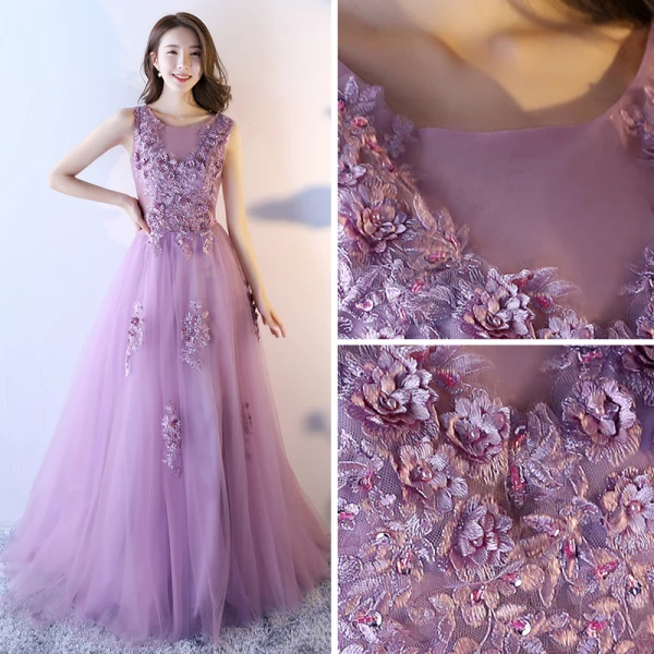 Chic / Beautiful Lilac Prom Dresses 2017 A-Line / Princess Scoop Neck Sleeveless Appliques Flower Sequins Beading Pearl Sweep Train Ruffle Backless Formal Dresses