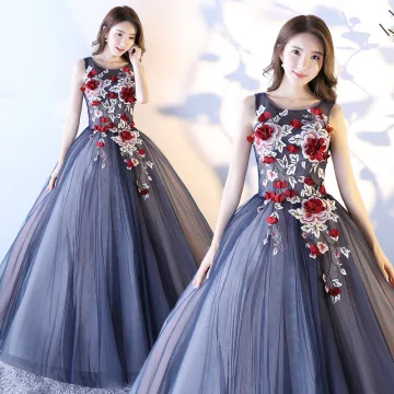 Chic Beautiful Navy Blue Prom Dresses 2017 Ball Gown Scoop Neck Sleeveless Appliques Flower Floor Length Long Ruffle Backless Formal Dresses