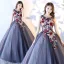 Chic / Beautiful Navy Blue Prom Dresses 2017 Ball Gown Scoop Neck Sleeveless Appliques Flower Floor-Length / Long Ruffle Backless Formal Dresses