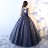 Chic / Beautiful Navy Blue Prom Dresses 2017 Ball Gown Scoop Neck Sleeveless Appliques Flower Floor-Length / Long Ruffle Backless Formal Dresses