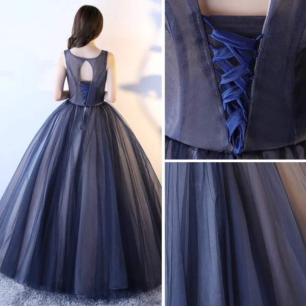 Chic / Beautiful Navy Blue Prom Dresses 2017 Ball Gown Scoop Neck Sleeveless Appliques Flower Floor-Length / Long Ruffle Backless Formal Dresses