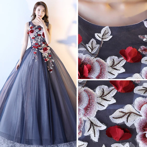 Chic / Beautiful Navy Blue Prom Dresses 2017 Ball Gown Scoop Neck Sleeveless Appliques Flower Floor-Length / Long Ruffle Backless Formal Dresses